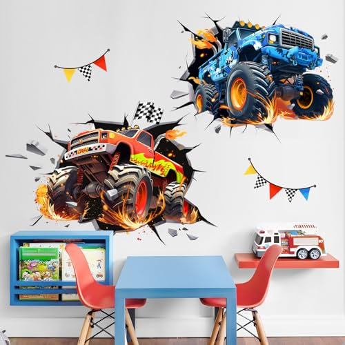 Decvictor Wandtattoo 3D Verrückter Rennwagen Wandaufkleber Lkw-Fahrzeuge Wandsticker Kinderzimmer Babyzimmer Jungenzimmer Wanddeko