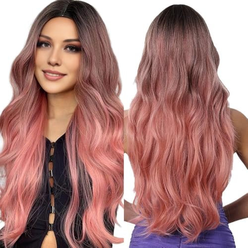 WDKXCN Perücke Rosa, Ombre Pinke Perücke für Frauen, 65cm Pink Wig Lang, Hitzebeständig Perücke Pink, Langhaarperücke Damen für Tägliche, Karneval, Mottoparty, Kostüme