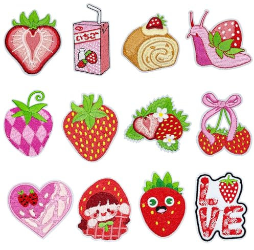 Attuslla 12 Stück Flicken Patches, Erdbeeren Patches zum Aufbügeln Aufnäher zum Aufbügeln für Basteln DIY, Kleidung, Kleid, Hut