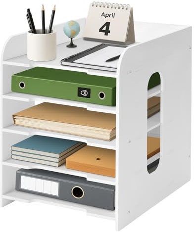 Office Filing Trays Holder with Pen Holder Letter A4 Paper Desk Organiser Desktop File Holder Stackable Document Storage Rack for Home Office School (White, 5-tier)
