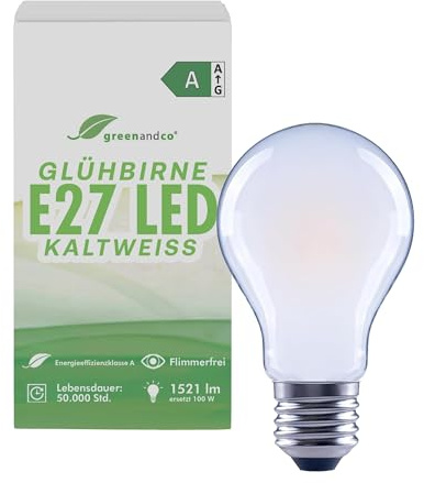 greenandco Glühbirne E27 LED kaltweiss, klar, 7.2W 1521lm, A60 | 230V Glühfaden LED Lampe ersetzt 100W, 6500K, 320° Abstrahlwinkel, flimmerfrei, Energieeffizienzklasse A, nicht dimmbar