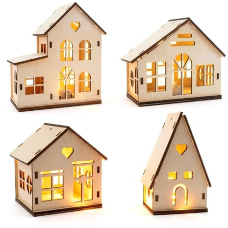 Aitsite LED Holz Weihnachtshaus Weihnachtsdeko, DIY Weihnachtsdorf Häuser Winterdorf Weihnachtlicher Zierschmuck Tischdeko, Miniatur Haus Weihnachtsdorf Mit Beleuchtung, Adventsdeko Weihnachtsschmuck