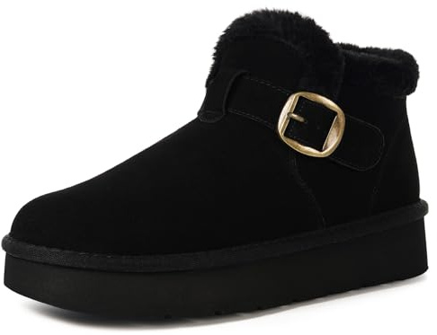 Stivali Donna Stivaletti da Neve in Pelle Scamosciata Pelle Vera Boots Impermeabili Antiscivolo Caldo Inverno Peluche Comode Scarpe,Nero,38 EU