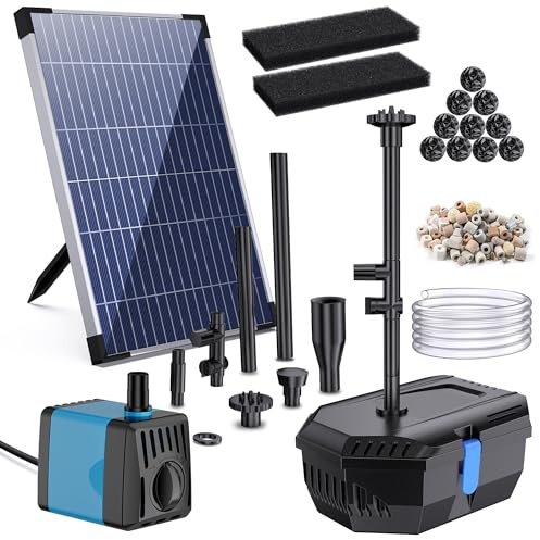 Biling 12W Filtre de Bassin Solaire avec 4 Buses, Pompe Solaire Bassin avec Système de Filtration Bio pour Étang jusqu'à 800L, Fontaine Solaire Extérieure pour Jardin et Balcon, Décoration Écologique