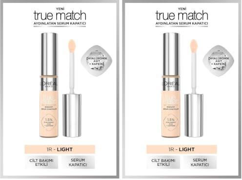 L'Oréal Paris Serum Concealer, Medium Coverage, Radiant Finish, With 1.5% Hyaluronic Acid and Caffeine, True Match, 1R, 10ml (Pack of 2)