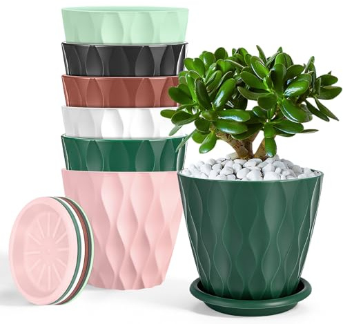 Freyeeti Juego de 6 Macetas con Platillo de Agujeros de Drenaje(12cm) | Maceteros Decorativos Interior para Balcón Jardín, Multicolor