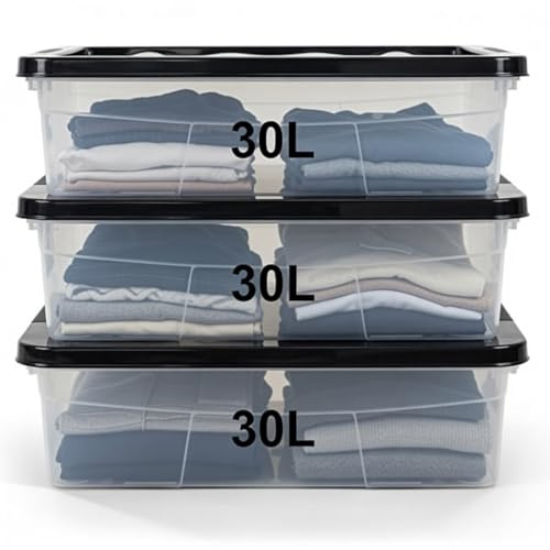 SIDSONS - 3X 30L Clear Plastic Underbed Storage Box - Sleek Black Lid Dustproof Stackable & Nestable - Multi-Purpose Storage Box Transparent Duvets & Clothes Bedding, Shoes, Toys Organizer (3X)
