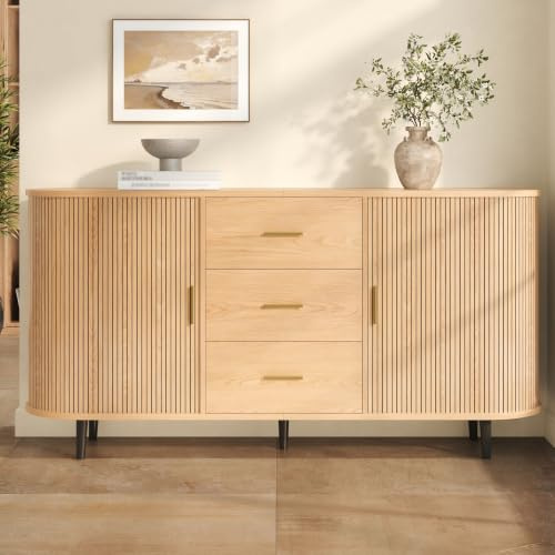 Sideboard Wohnzimmer mit Schubladen 160 cm Breit, Kommode mit Türen, Natur | Su & Chan Legence, Schiebetüren, Gebogenes Design, Metallgriffe, Aufbewahrungsschrank für Flur und Küche, 160 x 40 x 80,5 cm