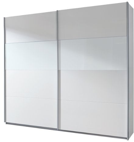 Rauch Möbel Quadra Kleiderschrank, Schwebetürenschrank, 2-türig, inkl. Zubehörpaket Basic 2 Einlegeböden 2 Kleiderstangen, Farbe Alpinweiß/Glas weiß, BxHxT 181x210x62cm
