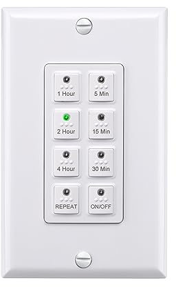 BN-LINK Minuterie murale numérique avec bouton poussoir 5-15-30-60 minutes, 2-4 heures, pour ventilateur de salle de bain, applique murale, minuterie, neutre nécessaire, plaque murale, blanc