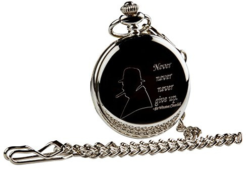 Sir Winston Churchill Silver Pocket Watch Quote Never Give Up Gift in Case Wooden Box