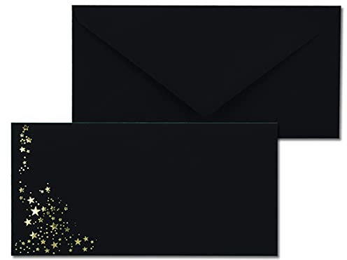25x Briefumschläge mit Metallic Sternen - DIN Lang - Gold geprägter Sternenregen - Farbe: Schwarz - Nassklebung - 120 g/m² - 110 x 220 mm - ideal für Weihnachten