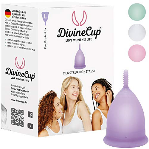 DIVINE CUP Menstruationstasse Größe L, groß - klinisch getestet - 100% Made in Germany - lila, in vier Farben erhältlich - weiches, wiederverwendbares, medizinisches Silikon