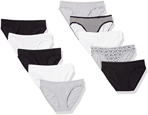 Amazon Essentials Bas de Bikini en Coton (Grandes Tailles Disponibles) Femme, Lot de 10, Fleuri/Multicolore/Points/Rayures, 42