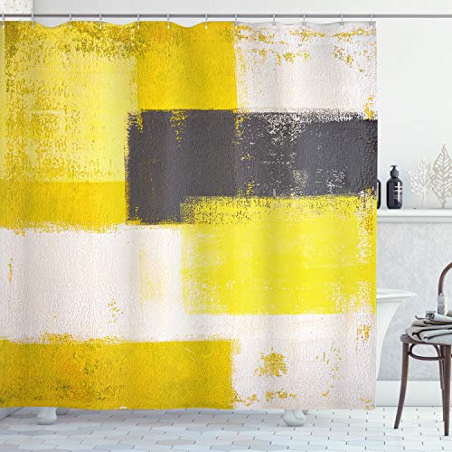 ABAKUHAUS Grigio e giallo Tenda da Doccia, grunge Pennellate, Tessuto Set di Decorazioni per il Bagno con Ganci, per la vasca da bagno, 175 cm x 240 cm, grigio Giallo