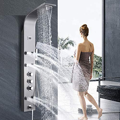 Duschpaneel mit Thermostat aus rostfreiem Edelstahl mit Temperaturanzeige und 6 Massagedüsen (Nickel gebürstet)