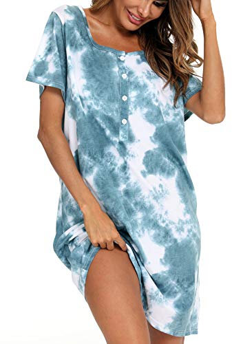 ENJOYNIGHT Camisón de algodón de manga corta para mujer, camisón de lactancia con botones para lactancia materna, Verde oscuro, M