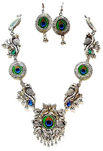 Indian Hawker Lange Halskette aus deutschem Silber, oxidiert, Pfau, Neusilber, Nicht bekannt