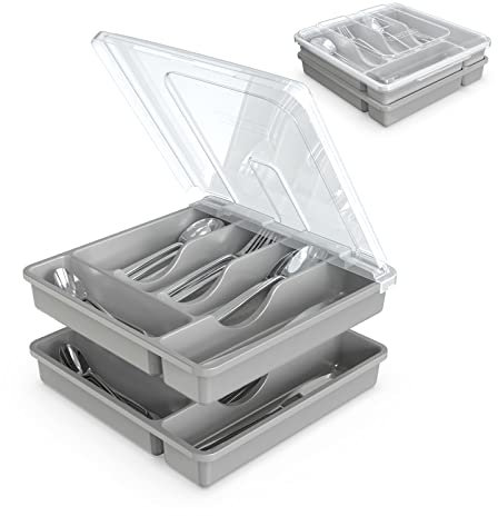 SUICGYU Silverware Organizer with Lid for Drawer, Plastic Utensil Holder for Countertop, Flatware Organizer Cutlery Tray with Cover 5 Compartments (2 Layer-Gray)