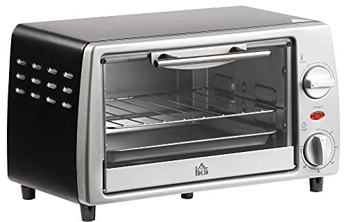 HOMCOM Fornetto Elettrico 10L Temperatura Regolabile e Timer, Griglia e Teglia Incluse, 750W, 36.5x26x22cm, Argento Nero