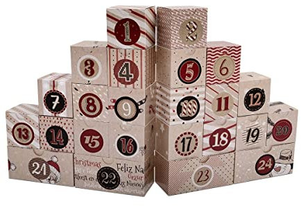 DIY Adventskalender 2024 zum selber Befüllen inkl. 24 Zahlen Aufkleber mit 20 kleinen und 4 großen Schachtel Boxen Basteln für Kinder und Erwachsene - Vintage