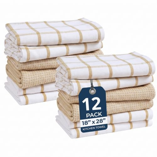 Küchentücher Set – 12 Stück Baumwolle Geschirrtücher zum Trocknen von Geschirr, 45.7x71.1 cm, Küchenhandtücher, Premium Geschirrtücher für Küche, schnell trocknendes Küchenhandtuch-Set – Beige ige