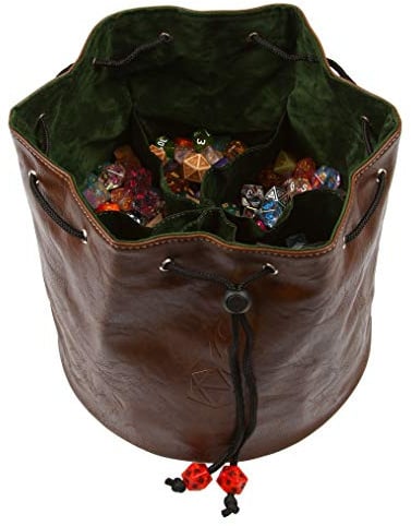 Forged Dice Co. Pouch of The Endless Hoard Dice Bag - Holds Over 1,000 Polyhedral Dice - Dice Storage Bag with 7 Pockets - Perfect for Bulk Dice - Brown/Green