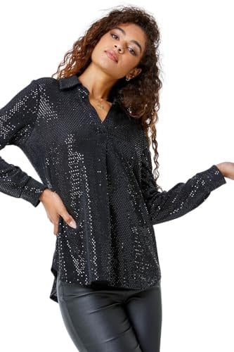 Roman Stretch Sequin V-Neck Shirt for Women UK - Ladies Everyday Holiday Autumn Winter Pull-On Shirt Collar Long Sleeves Comfy Soft Evening Vacation Work Party - Black - Size 18