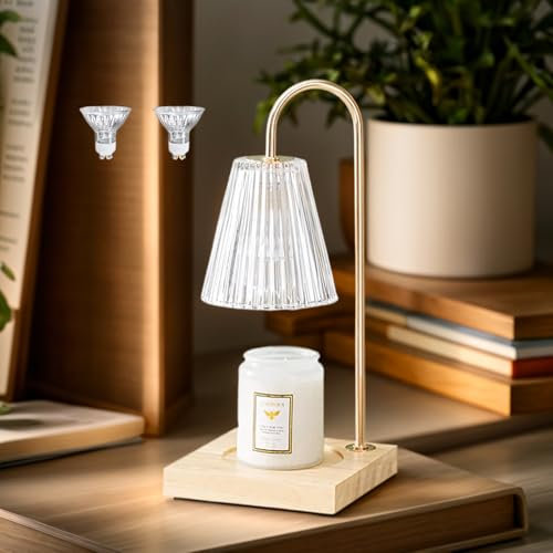 OKYUK Electric Candle Warmer Lamp – Dimmable Wax Melter with 3 Timer Settings, 2 Halogen Bulbs & Solid Wood Base, Champagne Finish, Mothers Day Gifts for Mom,Birthday, Home Decor(Clear Timer)