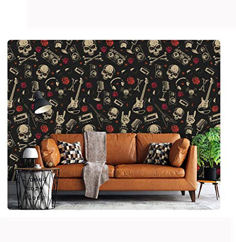 Wallpaper Black skull rose guitar self-adhesive wallpaper, Rock style PVC waterproof wallpaper, Easy to paste and peel
