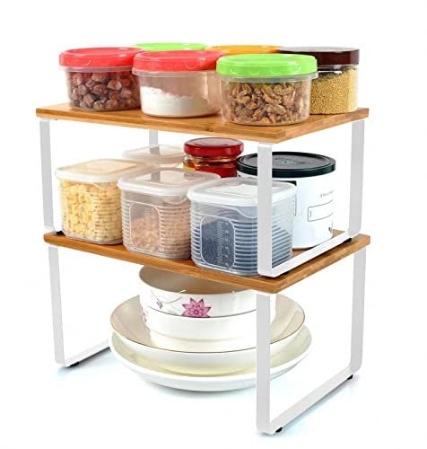 Cupboard Shelf Organiser, Stackable Set of 2 Bamboo Kitchen Counter Spice Rack, Expandable Storage Rack-White