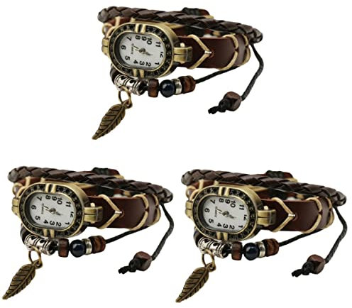Mikikit 3 Pcs Armbanduhr Gewebt Damen Handgefertigt Wickel Valentin Stylich Armband Perlen Leder Mädchen Vintage Handgelenk Geflochten Herren Für Armbänder Frau Tag Uhr Womwn Mode