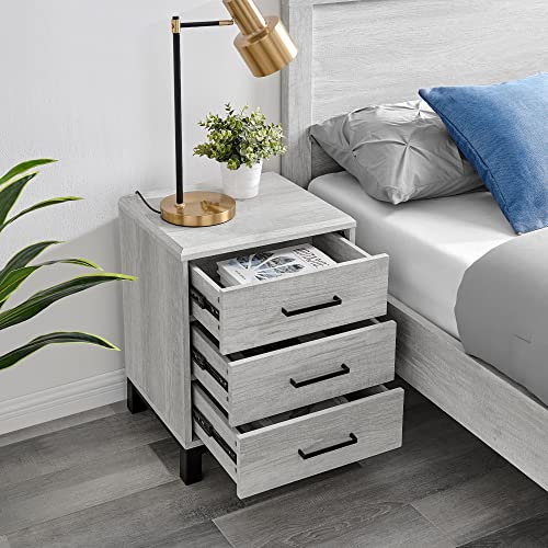 happybeds Bedside Table, Rodley Grey Oak Wooden Bedside Table, 3 Drawer