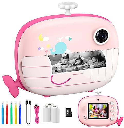 Ushining Macchina Fotografica Istantanea Bambini, 10X Zoom 2,4 Pollici Fotocamera Istantanea Bambini, 1080P Videocamera con 32GB TF Scheda Carta da Stampa 5 Penne Colorate, Regalo per 3-14 Anni (Rosa)