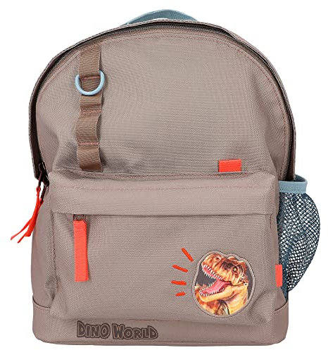 Depesche 12382 Dino World - Rucksack in Khakibraun für Kinder mit Dino-Patch und Aufschrift, Tasche mit verstellbaren Trägern