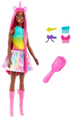Barbie Einhorn-Puppe mit ca. 18 cm Langen, magentafarbenen Fantasy-Haaren und bunten Accessoires zum Stylen wie einem Einhorn-Haarreifen und -Schwanz, HRR01