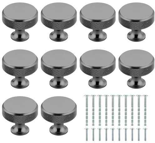 PEUTIER 10pcs Kitchen Cabinet Knobs, Drawer Knurled Dresser Pulls Zinc Alloy Round Hardware Knobs for Cupboard Door Wardrobe(Grey)