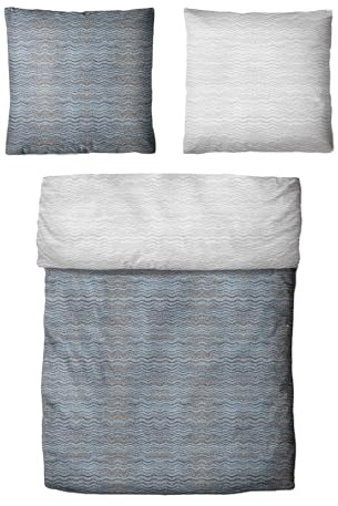Traumschloss Classic Microfaser Flanell Bettwäsche, Wellen, gestreift, blau, 155x220 & 80x80, 100% Polyester, wärmend & kuschelig, mit Reißverschluss bestehend aus Kissen und Bettbezug