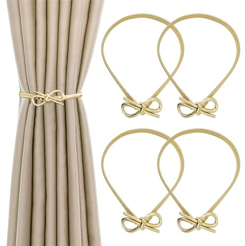 Sheryl&Rain 4 Pièces Embrasse pour Rideaux,Couleur Or Noeud Papillon Porte Rideaux élasticité en Alliage Réglable,Boucles Rideau avec Corde Ressort,Boucles Rideau avec Corde Ressort