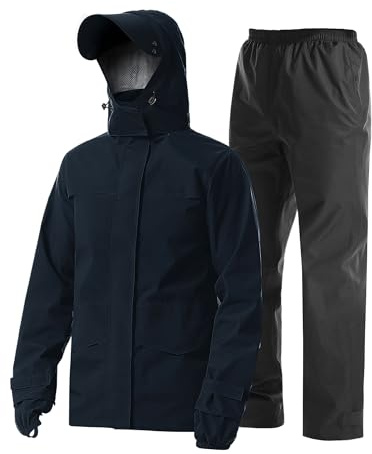 Coutyuyi Herren Regenanzug Wasserdichte Atmungsaktiver Leichter Regenmantel | Regenjacke und hose, Doppelvisier-Maske, 6 Lüftungslöcher, Netzfutter, Klett-Manschetten, für Freizeit, Golf, Wandern, Rad