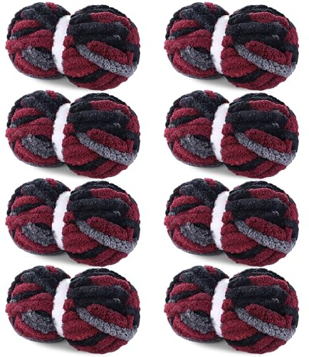 Hombys 8 Pack Giant Chunky Yarn for Crocheting/Hand Knitting - Super Bulky, Soft, Fluffy, Plush Fuzzy Tie Dye Mixed Color Thick Chenille Yarn (Wine Red, Black, Grey)