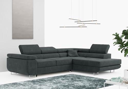 MKS MEBLE Ecksofa Grau Wohnzimmer - Wohnlandschaft - Schlafsofa mit Bettkasten - Ecksofa mit Schlaffunktion - Wohnzimmer L Couch - Polstersofa mit Bettkasten - Gustaw - Dunkelgrau - Rechts