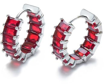 Mesovor Silberne Creolen Ohrringe mit Zirkonia für Damen und Mädchen, Versilberte Huggie Ohrringe, Schmuck für Party, Abschlussball (Rot)