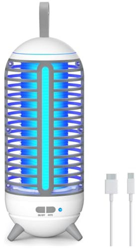 Elektrischer Insektenvernichter, 2 in 1 Mückenvernichterlampe mit LED-Licht, 4000 mAh USB Wiederaufladbarer Akku Mückenfalle Fliegenfalle für Schlafzimmer Camping Garten Innen Außen (Weiß)