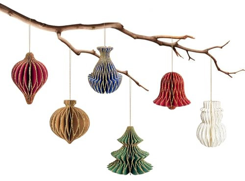 6 PCS Christmas Honeycomb Ornaments 3D Glitter Red Blue White Brown and Green Ornaments Hanging Paper Honeycomb for Christmas Tree Decor New Years Home Decor