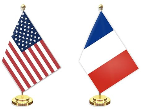Lot de 2 petits drapeaux français américains de bureau, 12,7 x 20,3 cm, mini bannière de table française de bureau, décoration solide en métal de 30,5 cm, petite bannière en polyester imprimée
