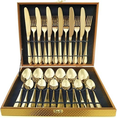 WDCDYQDH Tafelservice, Besteckset aus Edelstahl, 24-teilig, Besteckset aus Edelstahl mit Geschenkbox, Hochglanzoberfläche, Glatte Kanten, für 6 Personen, Tafelservice (Gold)