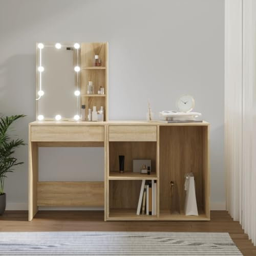 FUDUGEHMIOFWFJJ eckschminktisch,malm schminktisch,LED-Schminktisch mit Schrank Sonoma-Eiche HolzwerkstoffGebrauch: Für die Aufbewahrung von Kosmetika im Schlafzimmer
