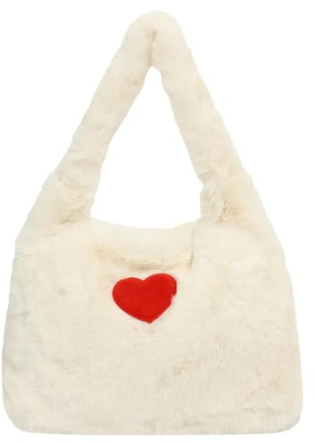 CRGANGZY Damen Plüsch-Umhängetasche, große Kapazität, modische Tragetasche mit Herz, Kunstfell, Schultertasche, weiche, pelzige Tragetasche