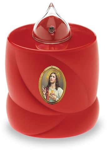 AROBA 2x LED Grabkerze Trauerlicht - Flackereffekt wie echte Kerze - lange Brenndauer bis 200 Tage - wiederverwendbar Friedhofskerze Gedenkkerze Dauerkerze - rot Jesus